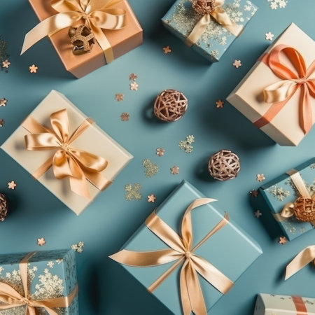Gift box flat top view. Christmas and New Year surprise gift box. generative aiの素材