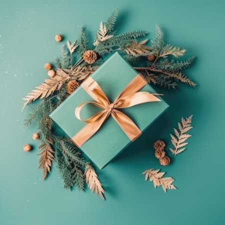 Gift box flat top view. Christmas and New Year surprise gift box. generative aiの素材