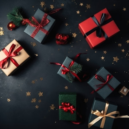 Gift box flat top view. Christmas and New Year surprise gift box. generative aiの素材
