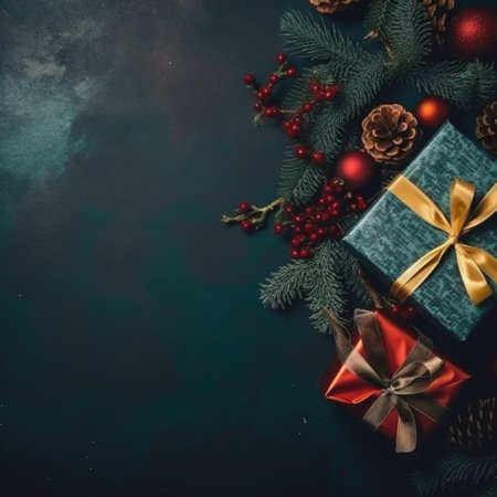 Gift box flat top view. Christmas and New Year surprise gift box. generative aiの素材