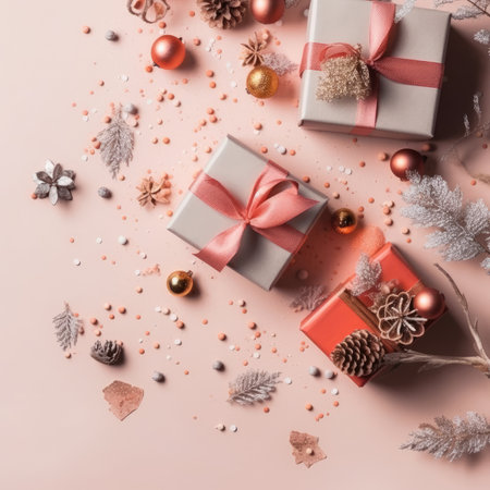 Gift box flat top view. Christmas and New Year surprise gift box. generative aiの素材
