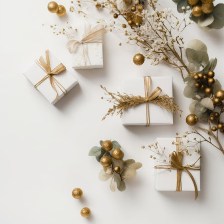 Gift box flat top view. Christmas and New Year surprise gift box. generative aiの素材