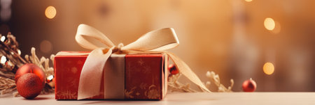 Beautiful Christmas gift boxes. Christmas and New Year surprise gift box. night bright shiny lights blurred golden bokeh. generative aiの素材