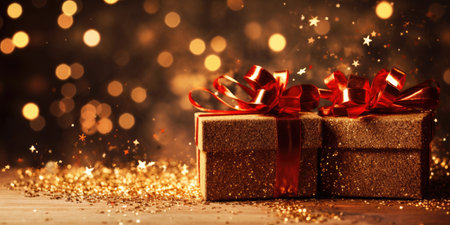 Beautiful Christmas gift boxes. Christmas and New Year surprise gift box. night bright shiny lights blurred golden bokeh. generative aiの素材