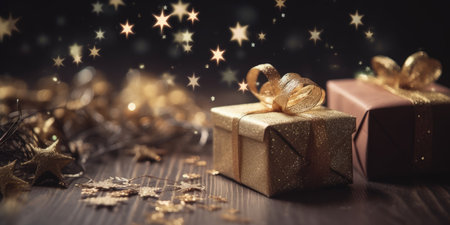Beautiful Christmas gift boxes. Christmas and New Year surprise gift box. night bright shiny lights blurred golden bokeh. generative aiの素材