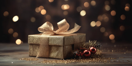 Beautiful Christmas gift boxes. Christmas and New Year surprise gift box. night bright shiny lights blurred golden bokeh. generative aiの素材