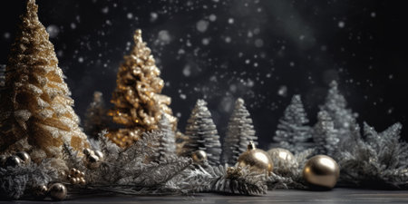 Winter fir trees and pines. Christmas and New Year background. Festive seasonal Christmas bright background. Holiday poster and banner, greeting card. generative aiの素材