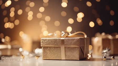 Beautiful Christmas gift boxes. Christmas and New Year surprise gift box. night bright shiny lights blurred golden bokeh. generative aiの素材