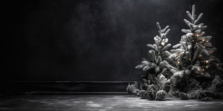 Winter fir trees and pines. Christmas and New Year background. Festive seasonal Christmas bright background. Holiday poster and banner, greeting card. generative aiの素材