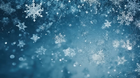 Winter blue background with snowflakes. Christmas and New Year background. Festive seasonal Christmas bright background. Holiday poster and banner, greeting card. generative aiの素材