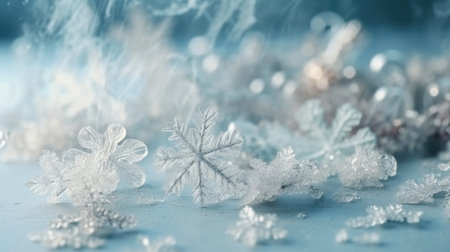 Winter blue background with snowflakes. Christmas and New Year background. Festive seasonal Christmas bright background. Holiday poster and banner, greeting card. generative aiの素材