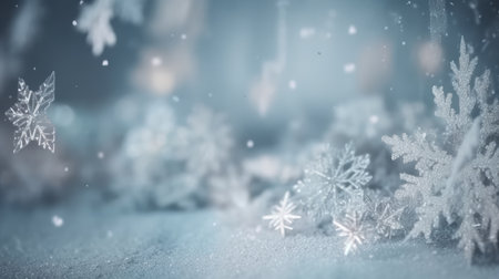 Winter blue background with snowflakes. Christmas and New Year background. Festive seasonal Christmas bright background. Holiday poster and banner, greeting card. generative aiの素材