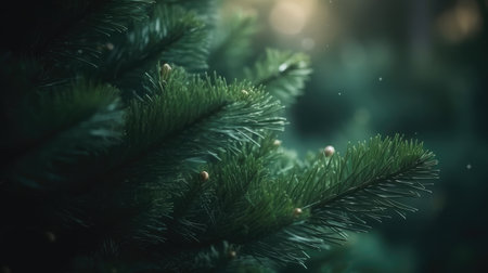 Green branches of Christmas tree and pine. Christmas and New Year background. Festive seasonal Christmas bright background. Holiday poster and banner, greeting card. generative aiの素材
