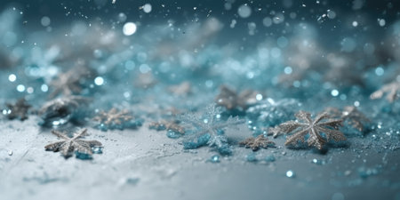 Winter blue background with snowflakes. Christmas and New Year background. Festive seasonal Christmas bright background. Holiday poster and banner, greeting card. generative aiの素材