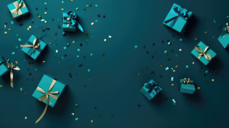 Background with gift boxes. Gift box flat top view. Poster surprise birthday, valentine's day, wedding and anniversary. generative aiの素材
