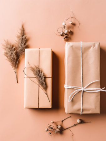 Background with gift boxes. Gift box flat top view. Poster surprise birthday, valentine's day, wedding and anniversary. generative aiの素材