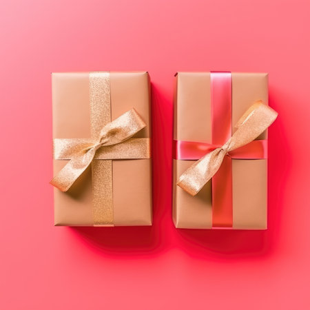 Background with gift boxes. Gift box flat top view. Poster surprise birthday, valentine's day, wedding and anniversary. generative aiの素材