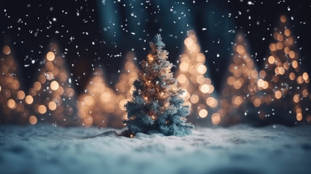 Winter Christmas trees and pine trees in bright decorative lights of garlands and bokeh. New Year background. Festive seasonal Christmas bright background. Holiday poster and banner. generative aiの素材