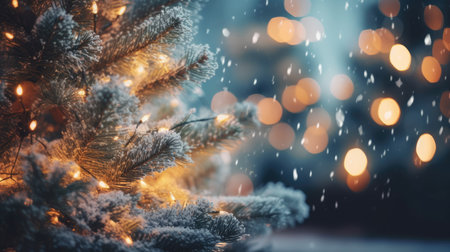 Winter Christmas trees and pine trees in bright decorative lights of garlands and bokeh. New Year background. Festive seasonal Christmas bright background. Holiday poster and banner. generative aiの素材