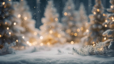 Winter Christmas trees and pine trees in bright decorative lights of garlands and bokeh. New Year background. Festive seasonal Christmas bright background. Holiday poster and banner. generative aiの素材