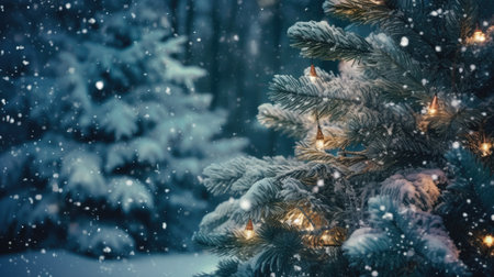 Winter Christmas trees and pine trees in bright decorative lights of garlands and bokeh. New Year background. Festive seasonal Christmas bright background. Holiday poster and banner. generative aiの素材