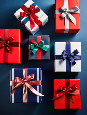 Background with gift boxes. Gift box flat top view. Poster surprise birthday, valentine's day, wedding and anniversary. generative aiの素材