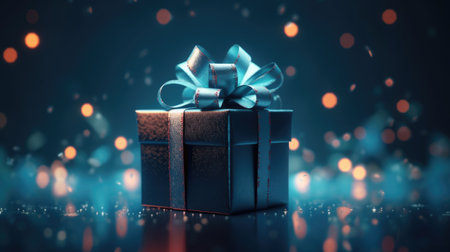 Gift box on blue background with glitter lights blurred bokeh. Christmas and New Year surprise gift box. generative aiの素材