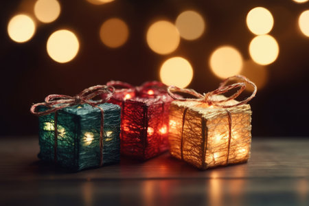 Gift box on night dark background with glitter lights blurred bokeh. Christmas and New Year surprise gift box with bright lights led garlands. generative aiの素材