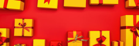 Horizontal banner with gift box flat top view. Poster, header for website. surprise birthday, valentine's day, wedding and anniversary. generative aiの素材