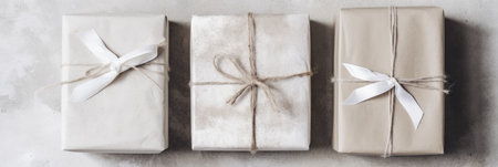Horizontal banner with gift box flat top view. Poster, header for website. surprise birthday, valentine's day, wedding and anniversary. generative aiの素材