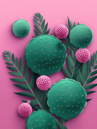 Creative layout made of green cactus with pink flowers and leaves on pink background. Minimal summer concept.の素材
