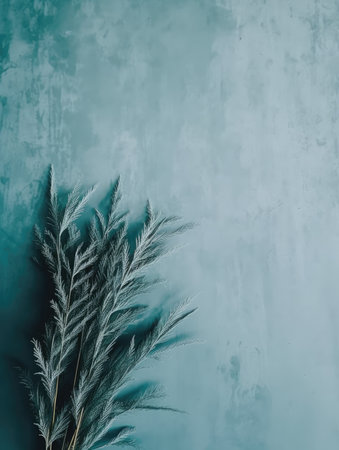Dry branches of pampas grass on turquoise backgroundの素材