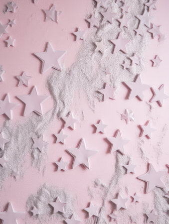 Christmas background with snowflakes and stars on pink background, top viewの素材