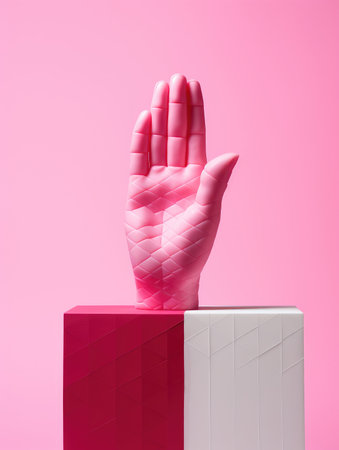 Futuristic pink hand on a pink background. 3d renderingの素材