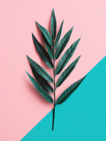Creative layout made of green leaves on blue and pink background. Flat lay, top view minimal concept.の素材