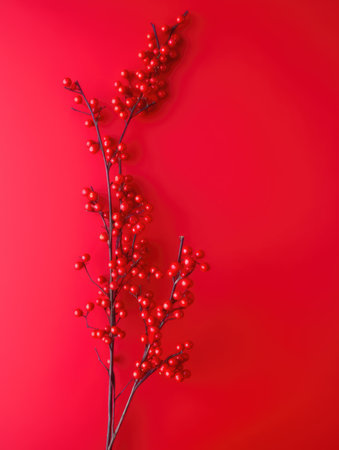 Branch with red berries on a red background. Christmas decoration.の素材