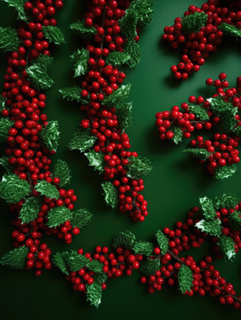 Christmas decoration made of red berries and green leaves on a green backgroundの素材