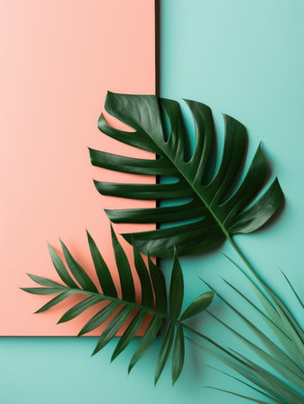 Creative layout made of tropical leaves on color background. Flat lay, top view minimal summer concept.の素材