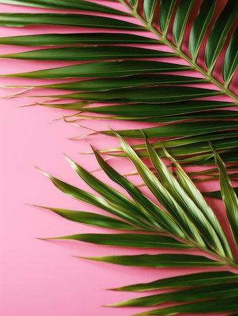 Tropical palm leaf on pink background. Flat lay, top viewの素材