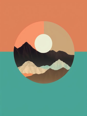 Retro styled abstract background with mountains and sun. Minimal designの素材