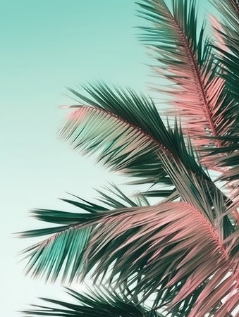 Palm tree leaves on sky background. Copy space for text.の素材
