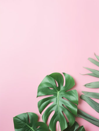 Creative layout made of monstera leaves on pink background. Flat lay, top view minimal summer concept.の素材