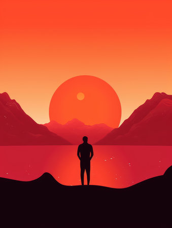 Man looking at the sunset on the lake. illustration for your designの素材