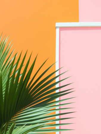 Tropical palm leaf on colorful wall background. Minimal summer conceptの素材