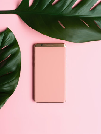 Smartphone with tropical leaf on pink background. Flat lay, top view.の素材