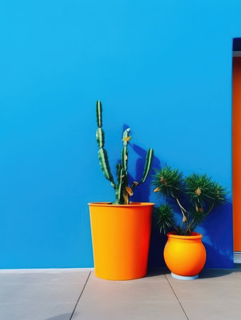 Cactuses in orange pots on blue wall background. Minimal conceptの素材