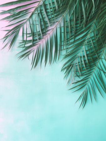 Tropical palm leaves on pastel turquoise background with copy spaceの素材