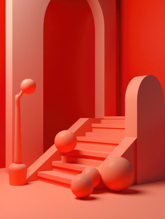 3D rendering of a stairway leading up to a red wallの素材