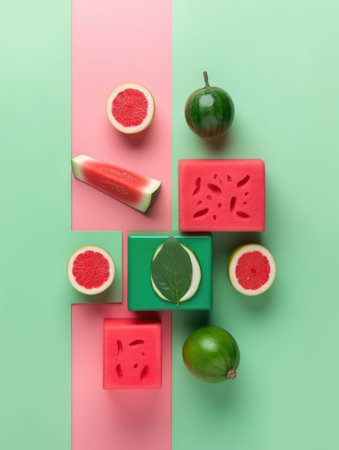 Flat lay composition with watermelon, lime and figs on color backgroundの素材