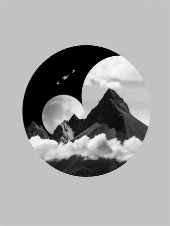 Moon in the sky with clouds and mountains. Black and white illustrationの素材